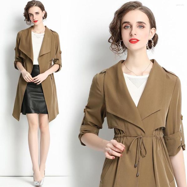 Damen-Trenchmäntel, High-End-Herbst-Winter, Khaki-Farbe, maßgeschneiderter Kragen, Schnürung, Tunika im englischen Stil, schmaler dünner Mantel, Midi-Jacke, Oberbekleidung