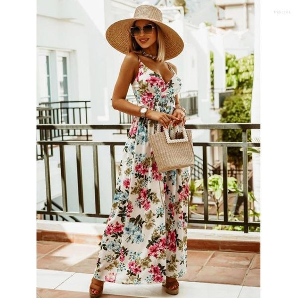 Vestidos casuais estampas florais mulheres sexy boêmio branco maxi verão alta cintura spaghetti tira backless vestido long-weck robe femme