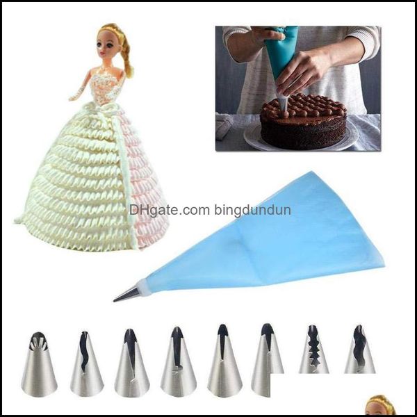 Pişirme pasta aletleri 10pcs/set düğün pastası dekorasyon yeniden kullanılabilir buzlanma pi nozullar çiçek krem ​​uçları etek sile çantaları diler desen dhxbz