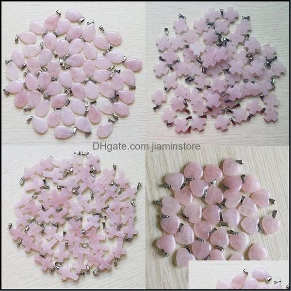 Ciondoli Quarzo rosa Cristallo Pietra naturale Croce Pendenti a cuore Perline di moda per Collana fai da te Creazione di gioielli Pietre preziose Consegna di goccia Otj1B