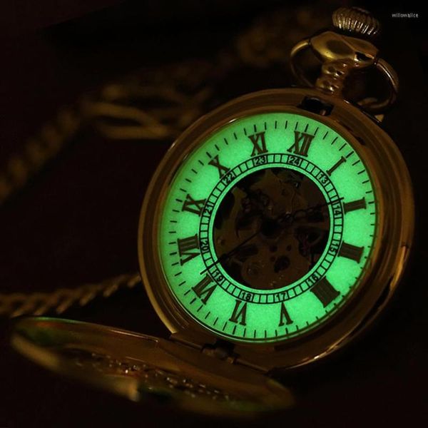 Pocket Watches Antique Gold Mechanical Watch Clipe Luminous Hanging for Men Mulheres Steampunk Sceleleton Fob Chain Pinging Montre de Poche