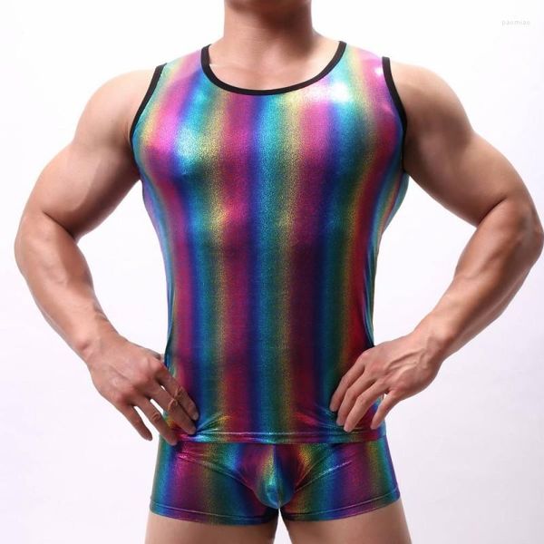 Herren-Körperformer, glänzendes Fitness-Tanktop, Regenbogen-Boxershorts, ärmellos, sexy Weste, Unterhemden, Beutel, Unterwäsche, lässige Gay-Bodys