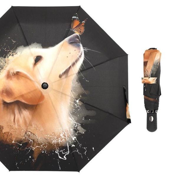 Regenschirme, Aquarell-Golden-Retriever-Hund mit Schmetterlingsschirm, dreifach faltbar, großer Regen, für Damen, automatisch, winddicht, für Herren