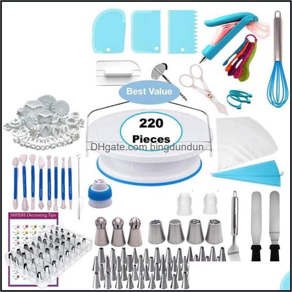 Ferramentas de pastelaria de cozimento 220pcs kit de decoração de bolos diy kit de bico giratable conjunto de bico de tubo para fontes de cozinha suprimentos de sobremesas de cozinha Drop del dhyqw