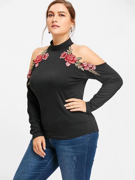 Magliette da donna Rosegal Mock Mock Neck Floral Righted Cold Whirt Black's Black's Plus Size Long Long Tops Streetwear