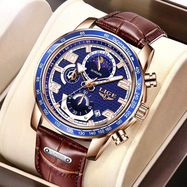 Relojes de pulsera 2023 LIGE, reloj informal de cuero para hombre, resistente al agua, de lujo, con fase lunar, deportivo, luminoso, caja de reloj Masculino