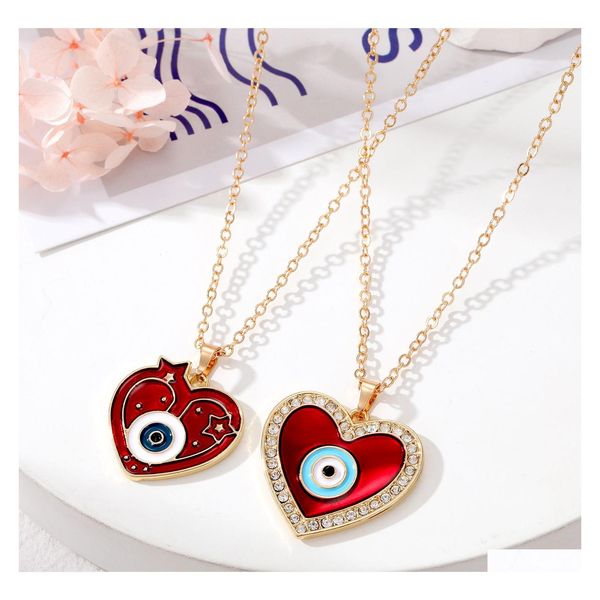 Anhänger Halsketten Rote Pfirsich Herz Emaille Evil Eye Halskette Für Frauen Strass Blaue Augen Liebe Drop Lieferung Schmuck Anhänger Dh1Pb