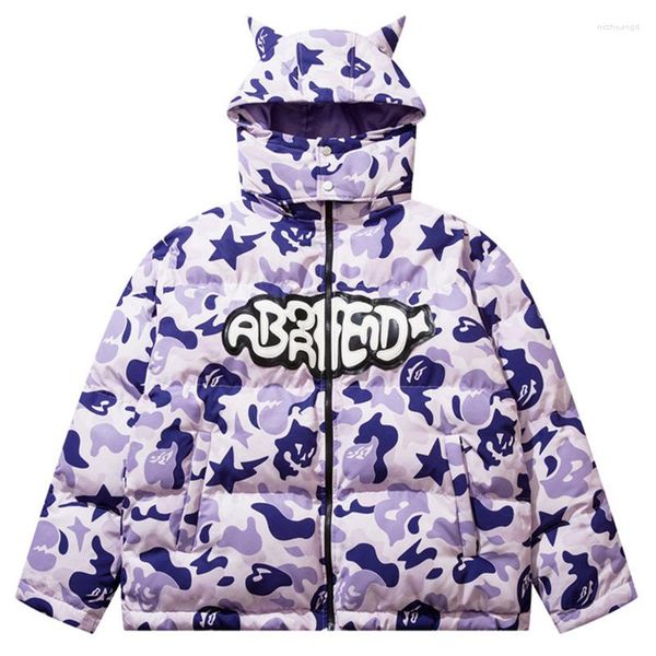 Giubbotti da uomo Hip Hop Uomo pesante Parka invernale Camouflage Corno da diavolo Rimovibile Allentato Divertente Sci 2023 Harajuku Addensare Cappotti caldi imbottiti