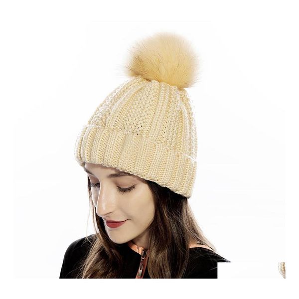 Beanie / Skull Caps Autunno Inverno Womens Knit Hat Wool Ball Beanies Cap Big Girls Lady lavorato a maglia caldi cappelli all'uncinetto Drop Delivery Fashion Dhfzq