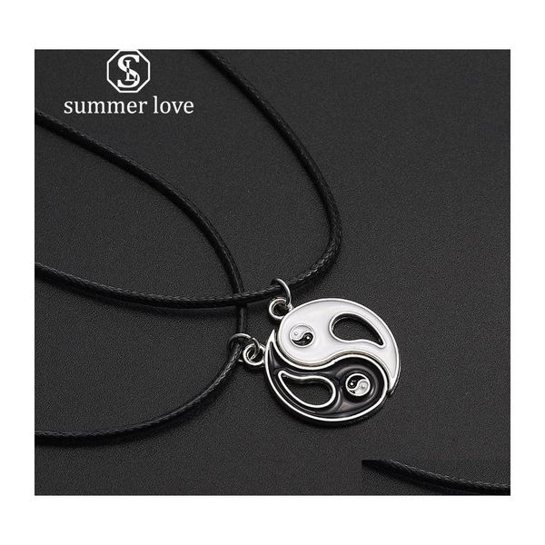 Anhänger Halsketten Mode Vintage Nähte Yin und Yang Halskette Paar Leder Seil Kette Schwarz Weiß Freunde Freundschaft Schmuck D Dhqfv