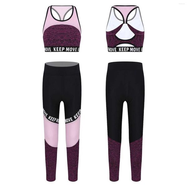 Stage Wear Bambini Ragazze Sport Fitness Allenamento Ginnastica Abiti Scollo a U Reggiseno sportivo Top Patchwork Pantaloni Leggings Set Set di abbigliamento da danza classica