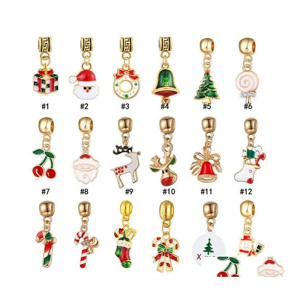 Charms Christmas esmalte o buraco grande buraco de charme árvore Santa Claus Garland Bell Pinging for Bracelet Fashion Jewelry Making Drop Delive Otuhw