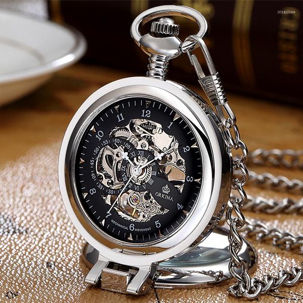 Relógios de bolso relógio mecânico antigo para homens steampunk esqueleto oco oco transparente pingente pingente de ouro flip montre de poche