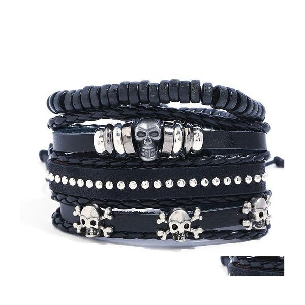 Fili di perline per perline abbronzatura gotica punk skl mtilayer in pelle di pelle di perline braccialetti braccialetti braccialetti a braccioli di gioielli oti3w