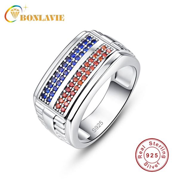 Ringas de banda homens homens anel de prata de prata 1x1mm azul vermelho de cristal pavimentação cenário de jóias de jóias de dedos largos