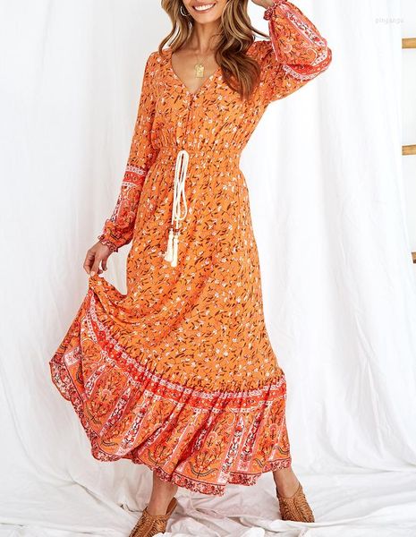 Lässige Kleider Happie Queens Frauen Orange Blumendruck Elastische Taille Strand Böhmisches Maxikleid Damen Rayon Baumwolle Ethnische Boho Vestidos