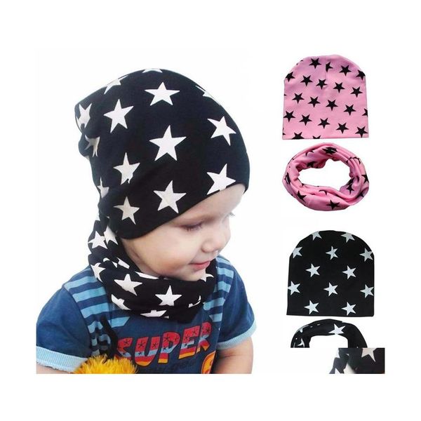 Beanie/Kafatası Kapakları Bebek Şapka Eşarp Set Soyu Renk Kapağı Erkek Kızlar Pamuk Çocuklar Beanie Yıldız Baskılı Çocuk Eşarp Kış Bahar 3 OTQBE