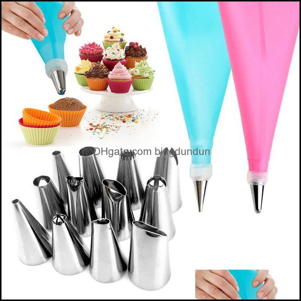 Utensili per pasticceria da forno 2 pezzi Punte per ugelli in acciaio inossidabile Convertitore Fai da te Decorazione di torte 14 pezzi / set Sile Icing Pi Cream Bag 1 Drop Deliv Dhqci