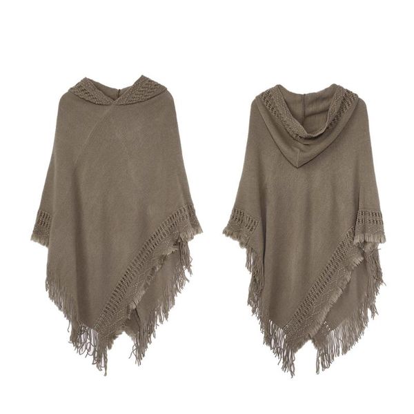 Hüte Schals Handschuhe Sets Frauen Winter Warm Gestrickte Kapuze Poncho Cape Einfarbig Häkeln Fransen Quaste Schal Wrap Übergroßen Pullover Clo