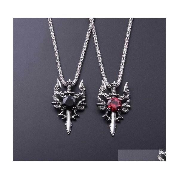 Подвесные ожерелья прохладный панк винтажный дракон -меч -подвески красное черное хрустальное ожерелье для мужчин очарование ювелирных украшений Drow Dhedm