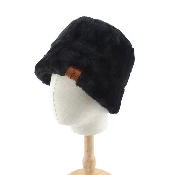 Berretti Cappello da pescatore nero invernale in pelliccia sintetica per donna Ragazza Moda Solido Spesso Morbido Caldo Pescatore Vacanze all'aperto Panama Bob Cap Berretti