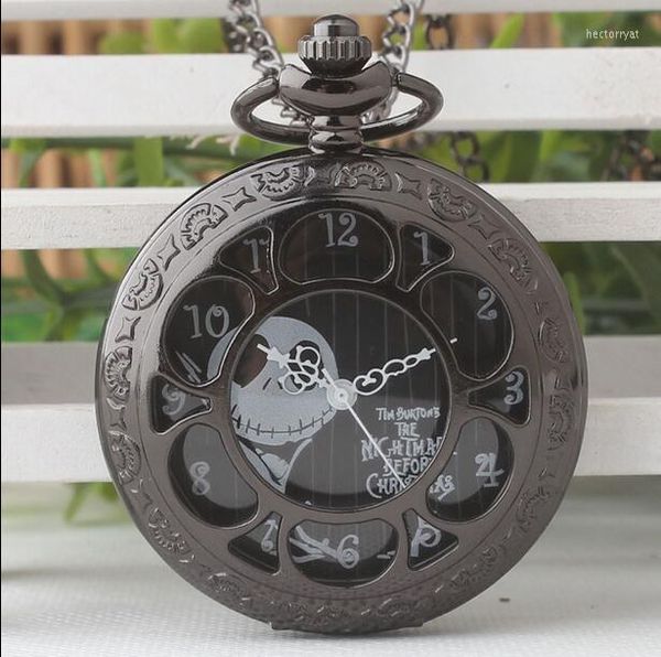 Orologi da taschino all'ingrosso 10 pezzi Scheletro di panico natalizio nero Scava fuori Steampunk Collana di buona qualità FOB PP108