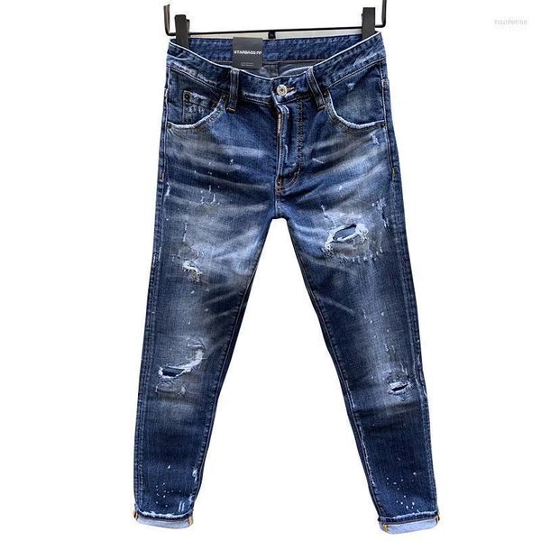 Jeans da uomo Four Style Season Pantaloni slim blu elasticizzati a gamba dritta lavati e consumati con fori Paint Dot Pant Naom22