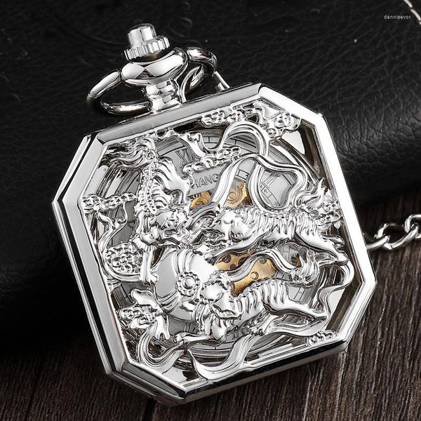 Pocket Watches Square Mechanical Watch Men Lucky Chinese Kirin Fighting Tigers China Animal Animal Brave Symbol Pinging Chain Clock