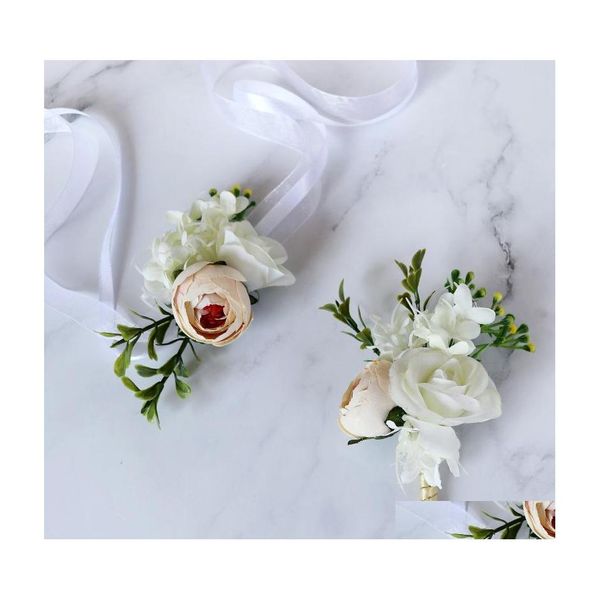 Flores decorativas Wreaths White Cor Cortificial Flower Silk Wrist Para Diy Wedding Party Decoration mass entrega de gota falsa GA DHSH1