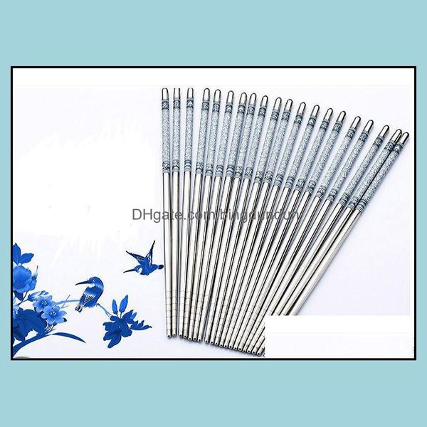 Chopsticks 1000Pair Paslanmaz Çelik Uzunluk Beyaz Çin Geleneksel Çiçekler Desen Sofra Mutfak Sn2510 Damla Teslimat Ev Gar Dhlhc