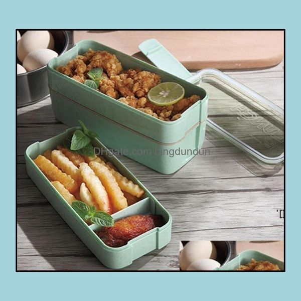 Lancheiras Bolsas Caixa 3 Grade Wheat St Bento Transparente Lid Alimentos Recipiente para Viagens Trabalho Caixas de Estudantes Portáteis Contêineres por Sea D Otrzm