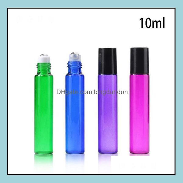 Bottiglie di imballaggio 10 ml di vetro vuoto roll on bottiglia blu rosso verde contenitore a rulli 1/3 oz per olio essenziale pers e balsami per labbra Sn2136 Dr Dhmit