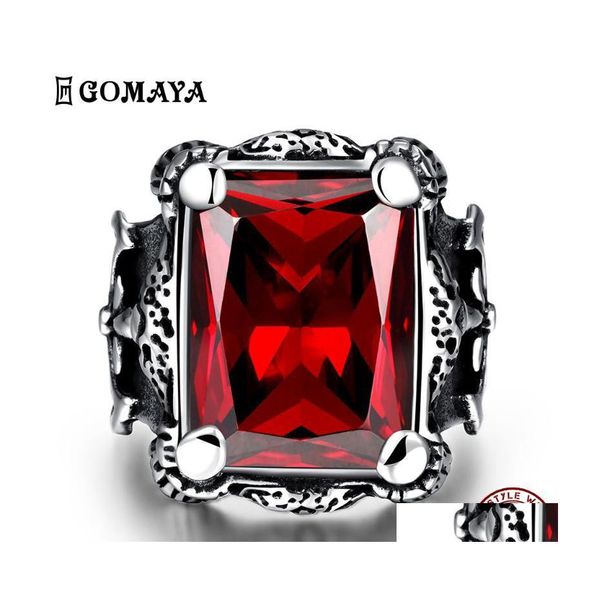 Cluster Ringe Gomaya Edelstahl Ring für Männer Mode Punk Stil Quadrat Rot Zirkon Party Prom Junge Schmuck Jubiläumsgeschenk auf Sa Dhmkz