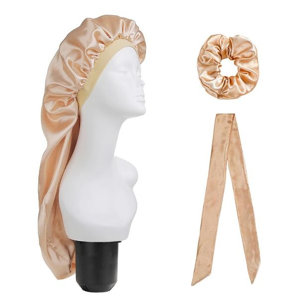 Berretti Beanie/Skull Caps 3pcs Satin Bonnet Sleep Cap Con Hair Tie Scrunchies Fascia per capelli Set Tinta unita Cappello da notte setoso extra large lungo