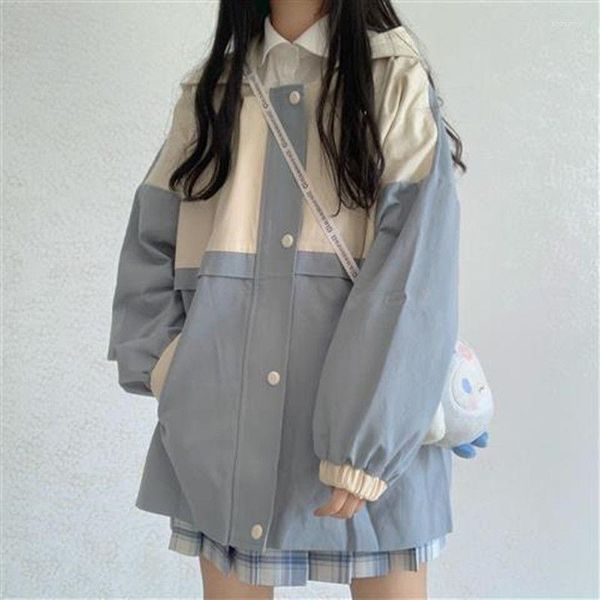 Kadın Trençkotları Kadınlar Kawaii Vintage Büyük Boyutlu Temel Patchwork Üniversitesi Palto 2023 Harajuku Ceketler Kızlar Kore Moda Bahar