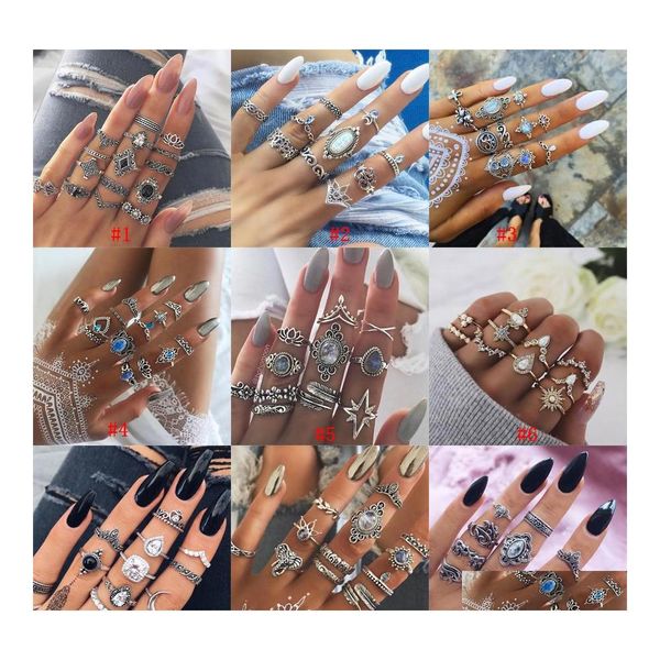Cluster Anéis Vintage Bohemian Midi Finger Set Para Mulheres Praia Tartaruga Elefante Pedra Preciosa Cristal Casamento Junta Boho Moda Jóias Otmc8