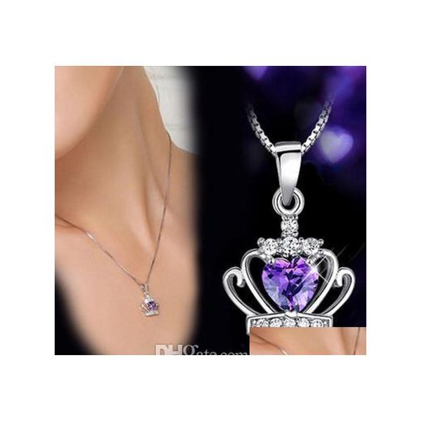 Anhänger Halsketten Koreanische Damen Krone Königin Prinzessin Lila Weiß Kristall Diamant Charme Sier Überzogene Kette Für Damen Mode Drop De Ote0Y