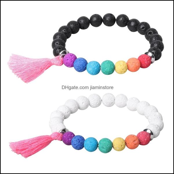 Perlen 8mm Natürliche Schwarz Weiß Lava Stein Quaste Armband Diy 7 Chakra Aromatherapie Ätherisches Öl Diffusor Für Frauen Drop Lieferung J Ot4Aw