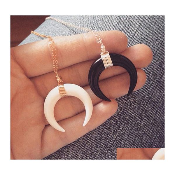 Colares pendentes Faux Ivory Bone Double Horn Moon for Women Crescent Shape