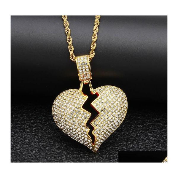 Anhänger Halsketten Iced Out Broken Love Herz Halskette Bling Kristall Strass Charme Gold Silber Tennis Ketten Für Frauen Männer Hip Hop J OTL64