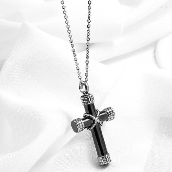 Collane con ciondolo Filo di acciaio al titanio Avvolgente Collana con croce cilindrica Pendenti per donna Uomo Gioielli unisex Colore argento