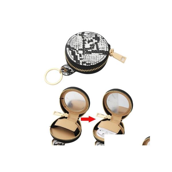 Ключевые кольца Женские леопардовые наушники для ключей браслет из кожа кожа к кругу кольца кольцо кольцо для монеты монеты с зеркалом для макияжа Q44FZ dro dh9nf