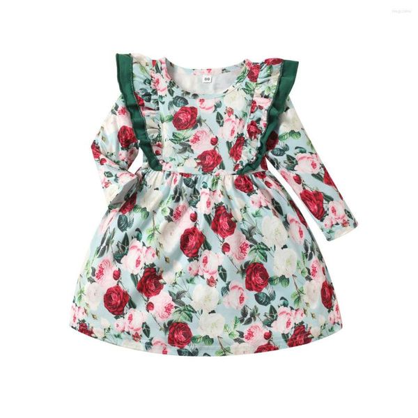 Meninas vestidos infantis garotas de cair vestido de flor estampa de pescoço o-pescoço vestido de manga longa para crianças 0-24 meses verde