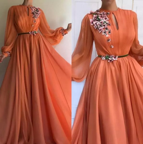 Elegante orangefarbene, lange Ärmel, 3D-Blumenspitze, Dubai-Abschlussballkleider, A-Linie, Chiffon, islamisches Arabisch, langes Abendkleid, Robe de Soiree BM0844