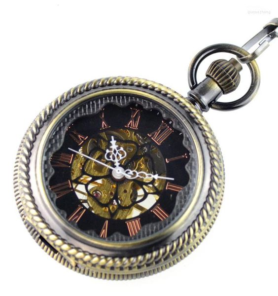 Orologi da taschino Orologio alla moda Scheletro antico vintage Numeri romani Display Meccanico analogico Fob a carica manuale per uomo Donna