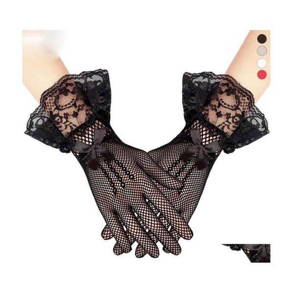Five Fingers Luves Mulheres Lady Mesh Fishnet Sexy Lace Bowknot Wrist Sumnsn Driving Driving Party Girls Girls Black White Drop Otyo4