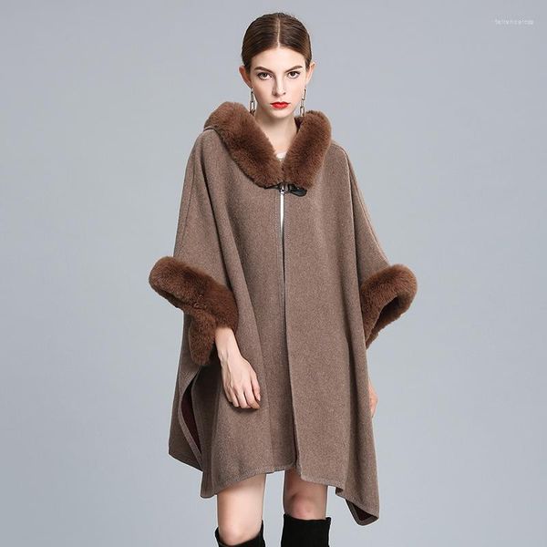 Schals elegant V Lappel Faux Rex Fell Mantel Cape Winter Frauen Großer langer Schal Full Trimm Strick Umhang Overtock Parka 2023