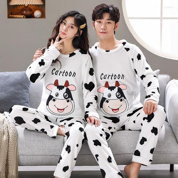 Kadınların pijama sonbahar kış çiftleri unisex pazen sıcak polar pijamalar set severler gecelik sevimli karikatür pijamalar ev kıyafetleri