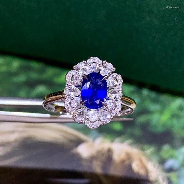 Ringos de cluster 18k Gold branco 0,81ct Natural Royal Blue Sapphire Ring Women Women Flor Shape Gemstone Jóias Jóias de Diamante Jóias