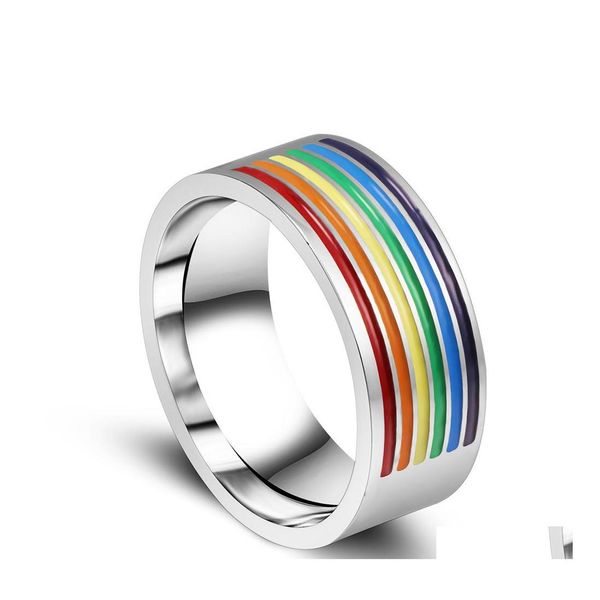 Bandringe Edelstahl Gay Regenbogenfarbe Homosexueller Stolz Hochwertiger Titanring für Männer Frauen Modeschmuck in BK Drop Del Otzrz